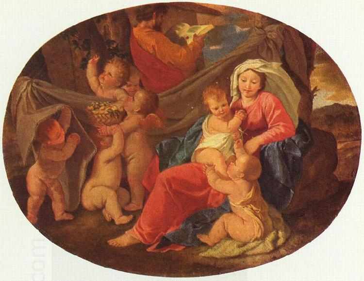 Nicolas Poussin Heilige Familie mit Engeln, Oval oil painting picture